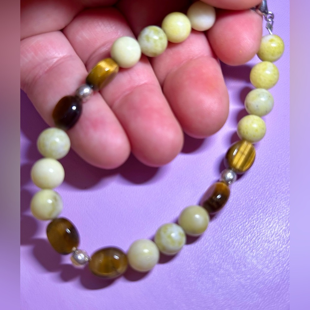 Handcrafted Tiger Eye, Lemon Jasper & Silver Beads w/Lobster Claw Clasp Bracelet